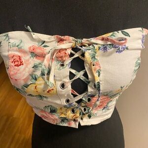 Forever 21 Floral Lace-Up Elastic Back Crop-Corset Top Size Small
